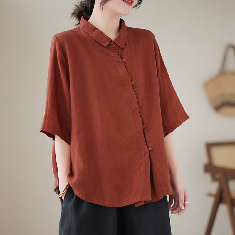 Buddha Stones ラペルフロッグボタン斜め前立てデザイン七分袖レディースコットンシャツ - image 2