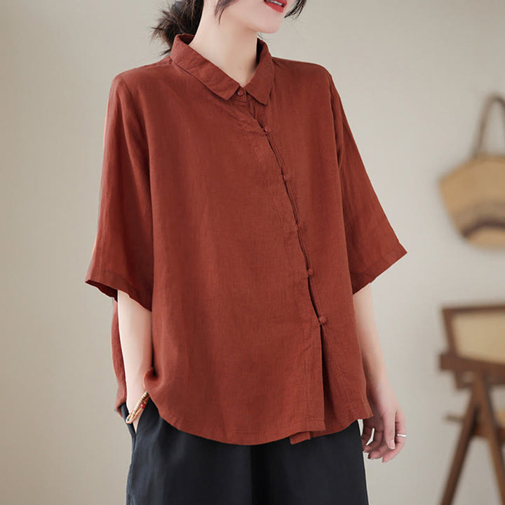 Buddha Stones ラペルフロッグボタン斜め前立てデザイン七分袖レディースコットンシャツ - image 2