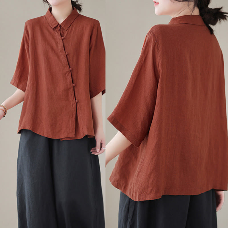 Buddha Stones ラペルフロッグボタン斜め前立てデザイン七分袖レディースコットンシャツ - image 4