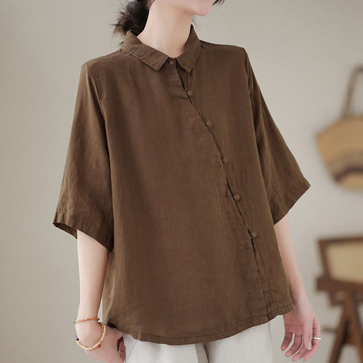 Buddha Stones ラペルフロッグボタン斜め前立てデザイン七分袖レディースコットンシャツ - image 16