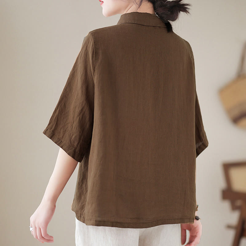 Buddha Stones ラペルフロッグボタン斜め前立てデザイン七分袖レディースコットンシャツ - image 15