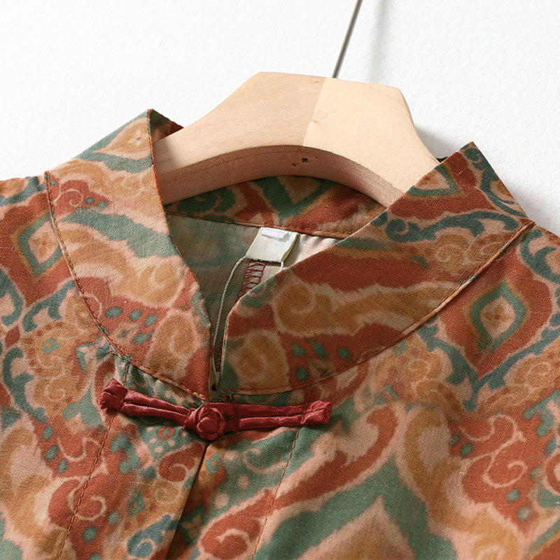 Buddha Stones プリント中国風カエルボタン長袖スタンドカラーレディースシャツポケット付き - image 2