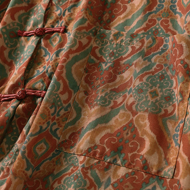 Buddha Stones プリント中国風カエルボタン長袖スタンドカラーレディースシャツポケット付き - image 5