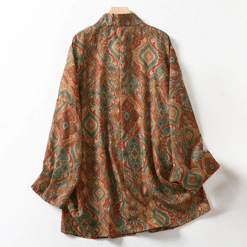 Buddha Stones プリント中国風カエルボタン長袖スタンドカラーレディースシャツポケット付き - image 1