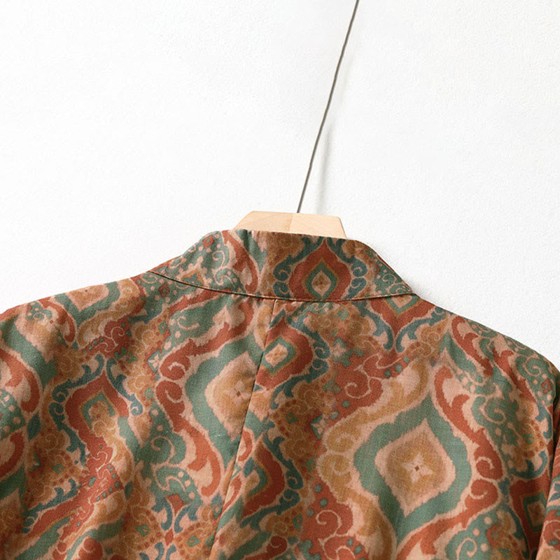 Buddha Stones プリント中国風カエルボタン長袖スタンドカラーレディースシャツポケット付き - image 3