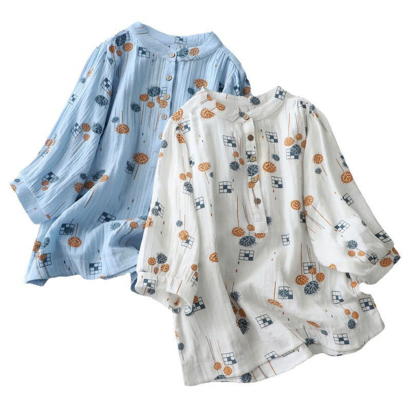 Buddha Stones プリントハーフボタンデザイン七分袖レディースコットンシャツ - image 21