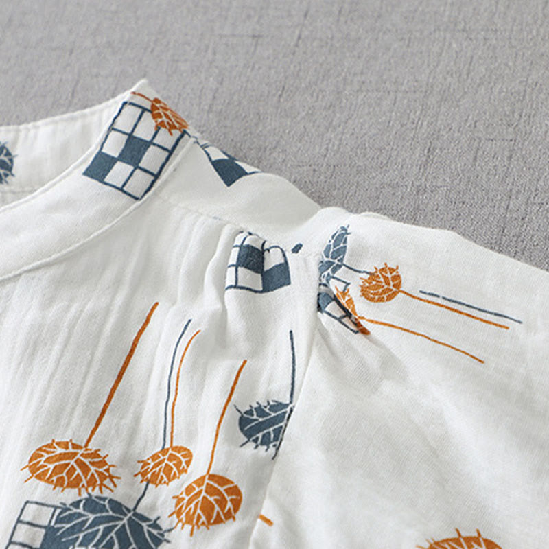 Buddha Stones プリントハーフボタンデザイン七分袖レディースコットンシャツ - image 4