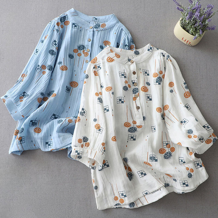 Buddha Stones プリントハーフボタンデザイン七分袖レディースコットンシャツ - image 18