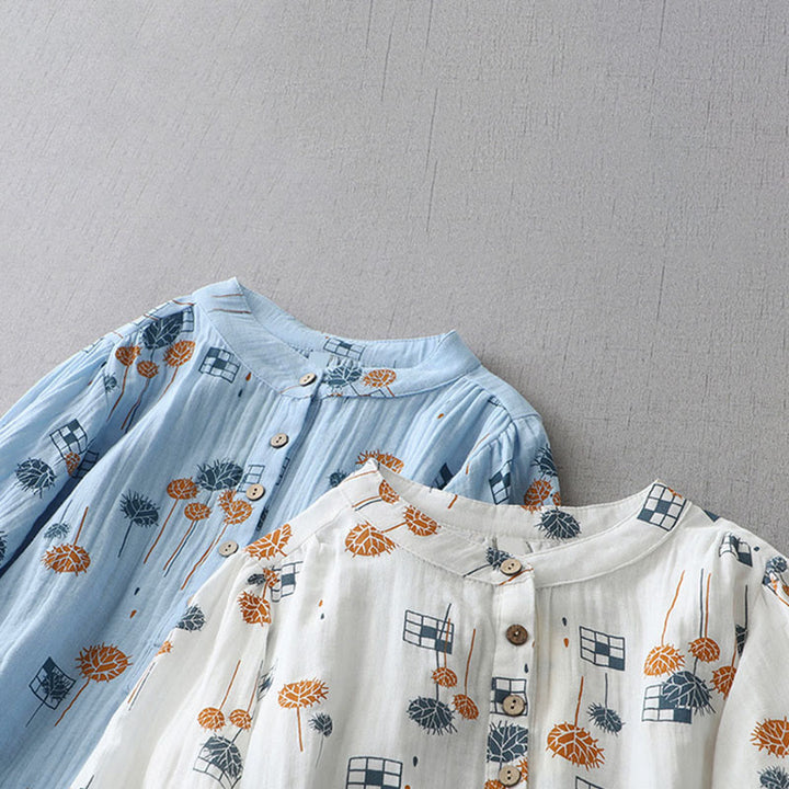 Buddha Stones プリントハーフボタンデザイン七分袖レディースコットンシャツ - image 19