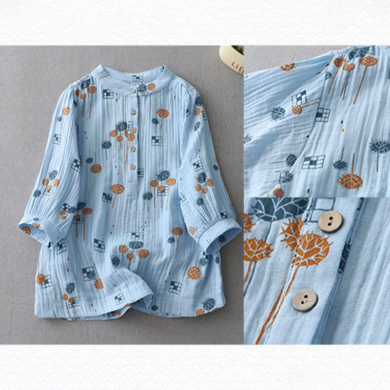 Buddha Stones プリントハーフボタンデザイン七分袖レディースコットンシャツ - image 17