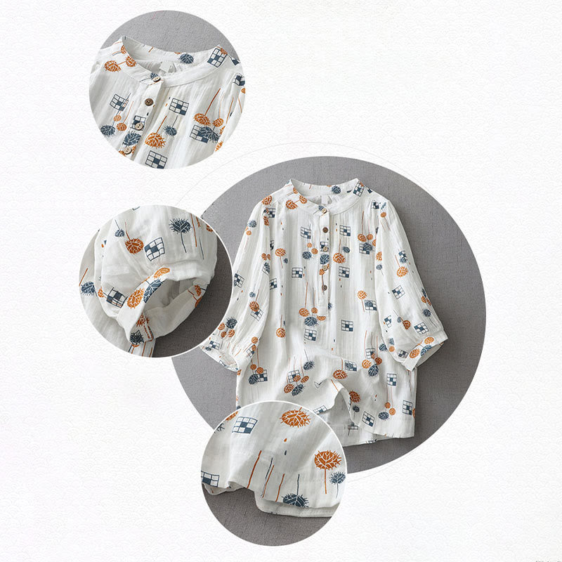 Buddha Stones プリントハーフボタンデザイン七分袖レディースコットンシャツ - image 10