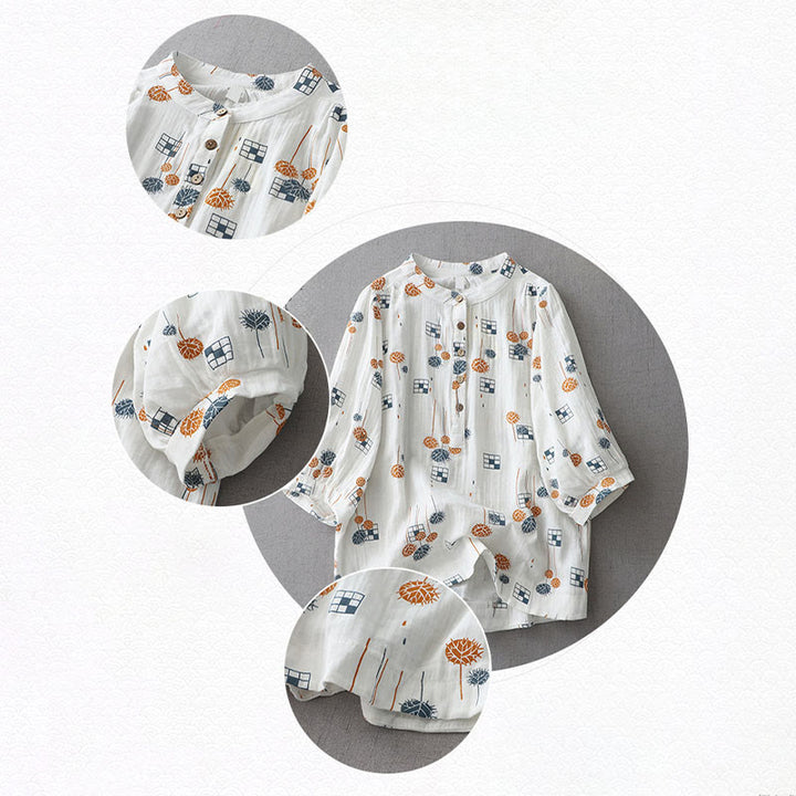 Buddha Stones プリントハーフボタンデザイン七分袖レディースコットンシャツ - image 10