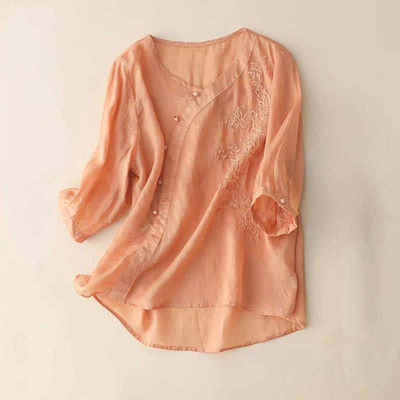 Buddha Stonesカジュアル ルーズ 花刺繍 カエルボタン 半袖 レディース シャツ - ライトサーモン - US14、 UK/AU18、 EU46 (4XL) - image 7