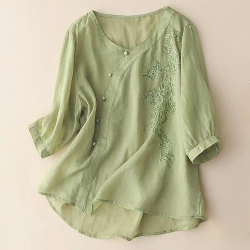 Buddha Stonesカジュアル ルーズ 花刺繍 カエルボタン 半袖 レディース シャツ - 黄緑 - US14、 UK/AU18、 EU46 (4XL) - image 0