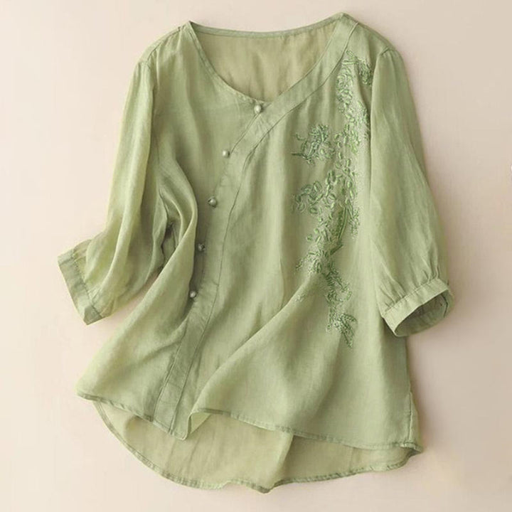 Buddha Stonesカジュアル ルーズ 花刺繍 カエルボタン 半袖 レディース シャツ - 黄緑 - US14、 UK/AU18、 EU46 (4XL) - image 0