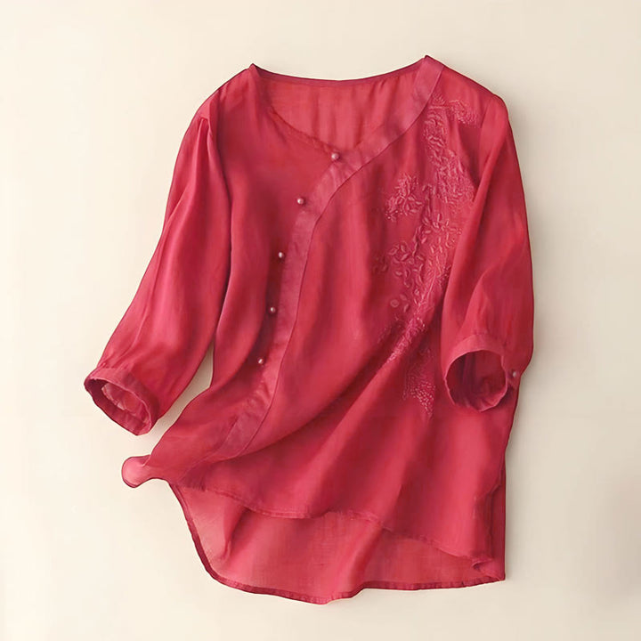 Buddha Stonesカジュアル ルーズ 花刺繍 カエルボタン 半袖 レディース シャツ - ファイアブリック - US14、 UK/AU18、 EU46 (4XL) - image 4