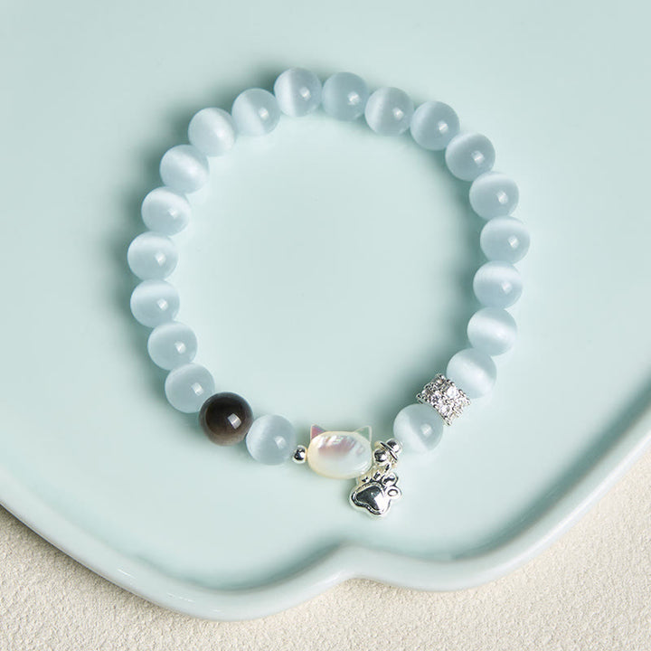 Buddha Stones キャットヘッド ホワイトキャッツアイ シルバーシーンオブシディアン幸運を呼ぶブレスレット - image 3