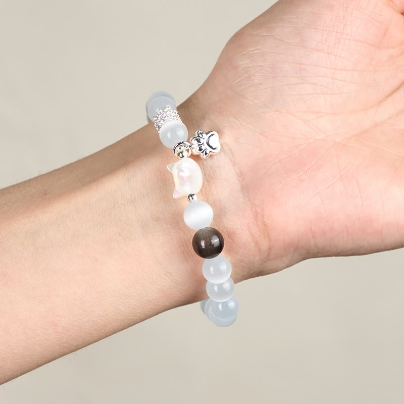 Buddha Stones キャットヘッド ホワイトキャッツアイ シルバーシーンオブシディアン幸運を呼ぶブレスレット - image 4