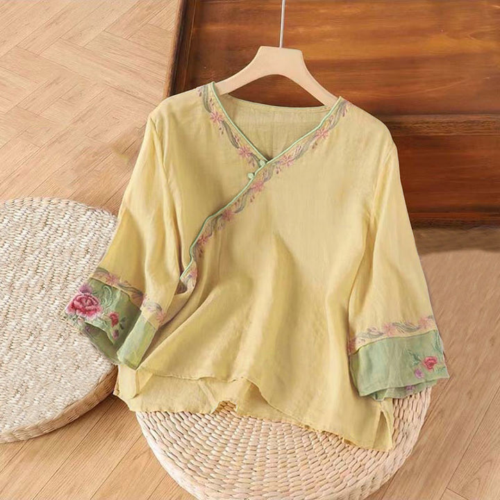 Buddha Stones春のレトロ刺繍ボタンデザイン七分袖レディースコットンシャツ - カーキ - US12、 UK/AU16、EU44（4XL） - image 4