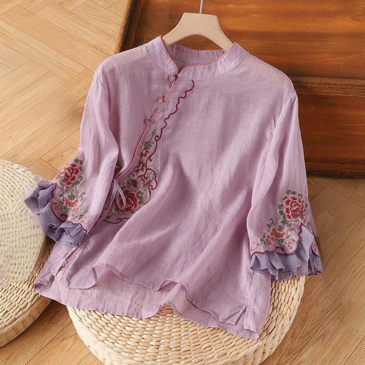 Buddha Stonesカジュアルゆったり牡丹刺繍カエルボタン七分袖レディースシャツ - 梅 - US12、 UK/AU16、EU44 (4XL) - image 3
