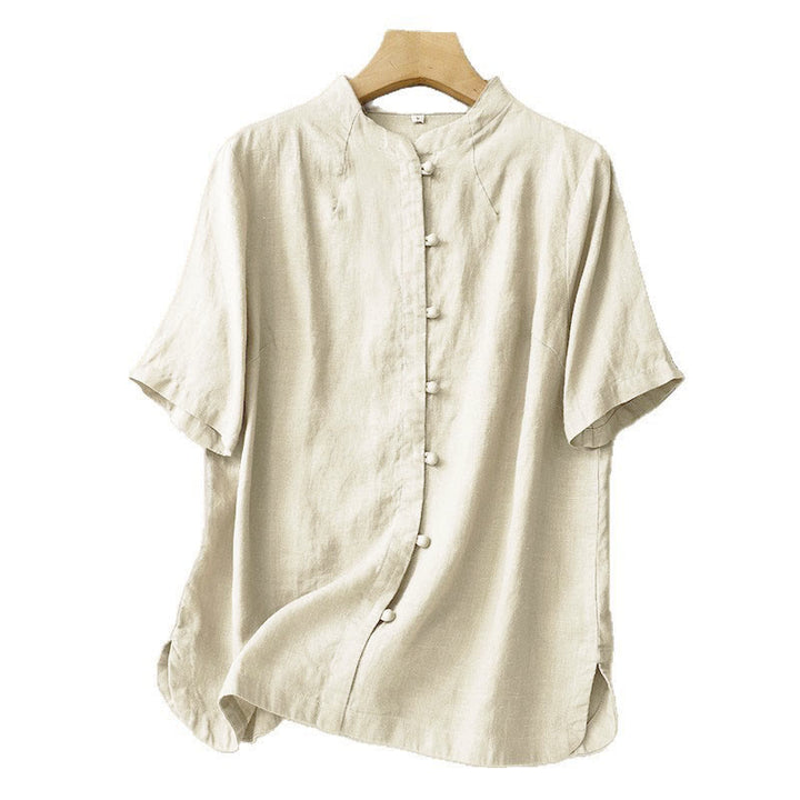 Buddha Stones 夏レディースコットン半袖スタンドカラーサイドスリットフロッグボタンデザインシャツ - image 6