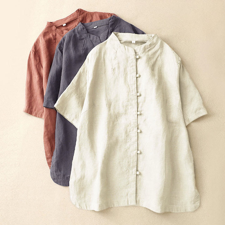 Buddha Stones 夏レディースコットン半袖スタンドカラーサイドスリットフロッグボタンデザインシャツ - image 17