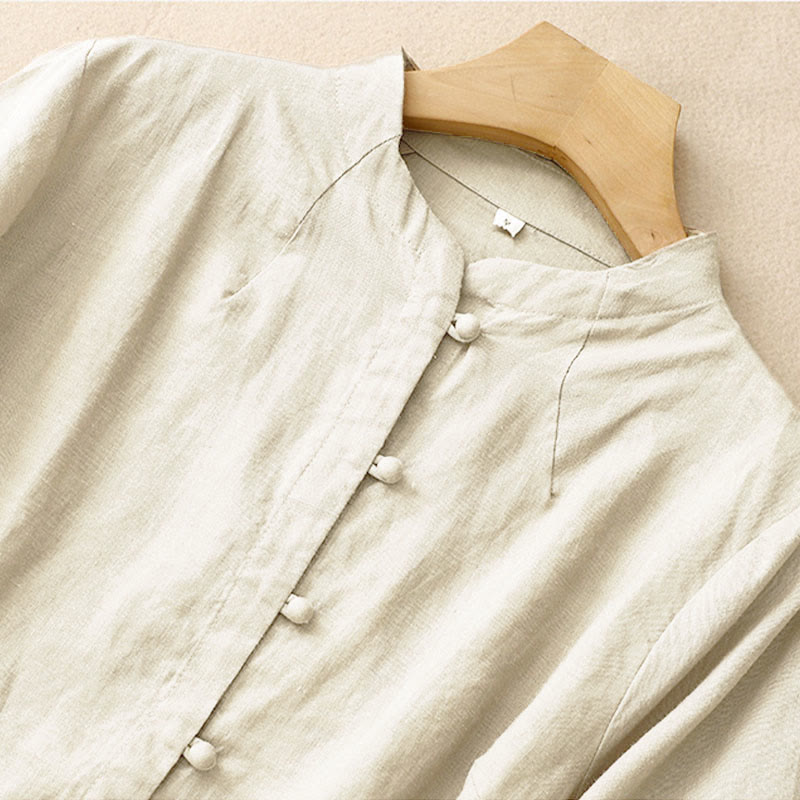 Buddha Stones 夏レディースコットン半袖スタンドカラーサイドスリットフロッグボタンデザインシャツ - image 2