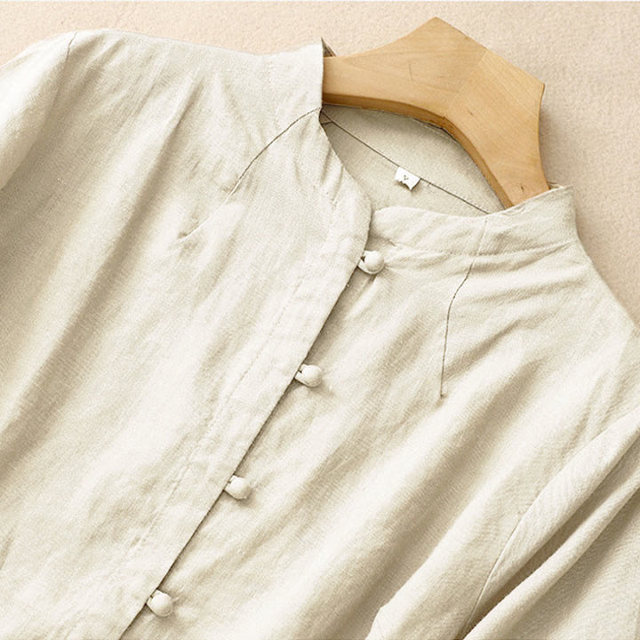 Buddha Stones 夏レディースコットン半袖スタンドカラーサイドスリットフロッグボタンデザインシャツ - image 2