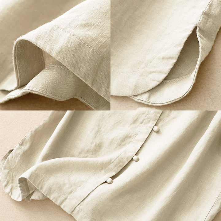 Buddha Stones 夏レディースコットン半袖スタンドカラーサイドスリットフロッグボタンデザインシャツ - image 5