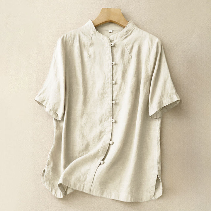 Buddha Stones 夏レディースコットン半袖スタンドカラーサイドスリットフロッグボタンデザインシャツ - ライトイエロー - US8-10，UK/AU12-14，EU40-42 (2XL) - image 0