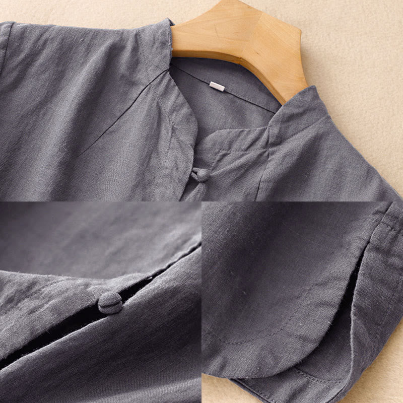 Buddha Stones 夏レディースコットン半袖スタンドカラーサイドスリットフロッグボタンデザインシャツ - image 16