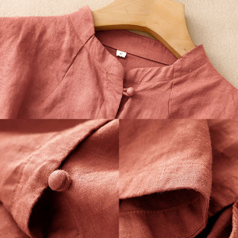 Buddha Stones 夏レディースコットン半袖スタンドカラーサイドスリットフロッグボタンデザインシャツ - image 12