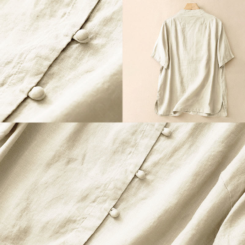 Buddha Stones 夏レディースコットン半袖スタンドカラーサイドスリットフロッグボタンデザインシャツ - image 4