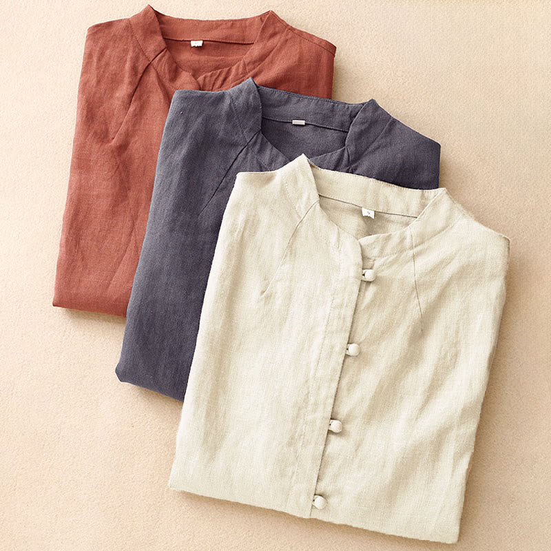 Buddha Stones 夏レディースコットン半袖スタンドカラーサイドスリットフロッグボタンデザインシャツ - image 18