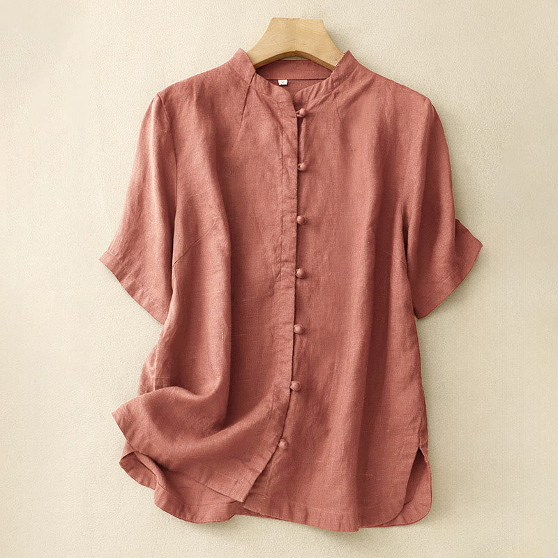 Buddha Stones 夏レディースコットン半袖スタンドカラーサイドスリットフロッグボタンデザインシャツ - ダークサーモン - US8-10，UK/AU12-14，EU40-42 (2XL) - image 7