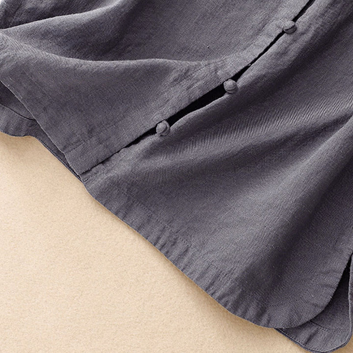 Buddha Stones 夏レディースコットン半袖スタンドカラーサイドスリットフロッグボタンデザインシャツ - image 15