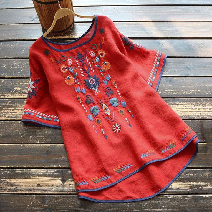 Buddha Stonesレトロ アーティスティック 刺繍 花柄 クルーネック レディース コットン リネン 半袖 Tシャツ - 赤 - US14、 UK/AU18、 EU46 (4XL) - image 8