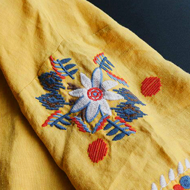 Buddha Stonesレトロ アーティスティック 刺繍 花柄 クルーネック レディース コットン リネン 半袖 Tシャツ - image 16