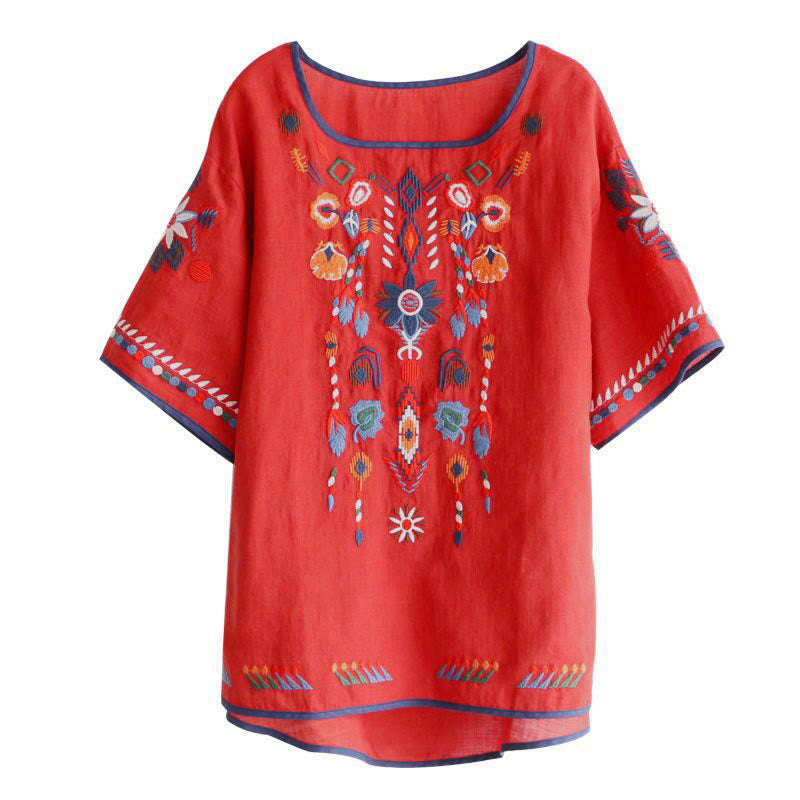 Buddha Stonesレトロ アーティスティック 刺繍 花柄 クルーネック レディース コットン リネン 半袖 Tシャツ - image 13