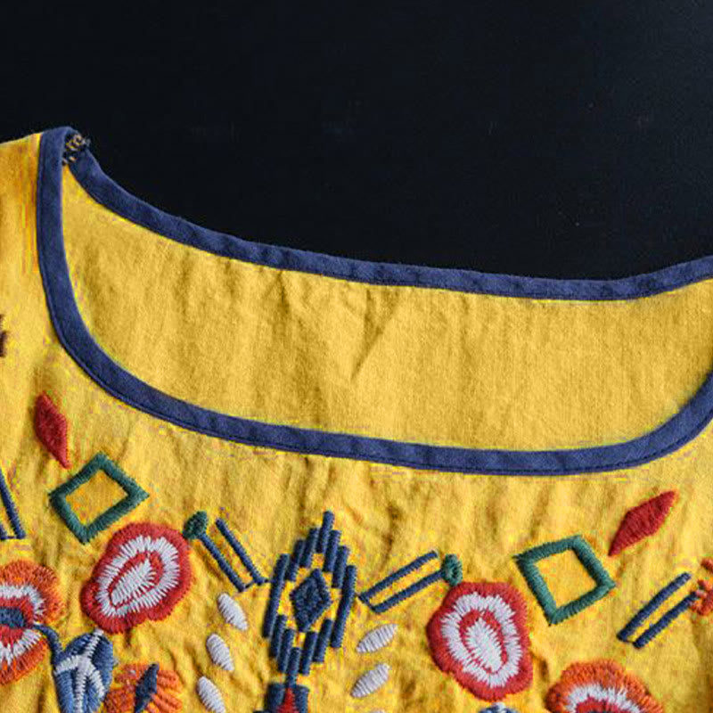 Buddha Stonesレトロ アーティスティック 刺繍 花柄 クルーネック レディース コットン リネン 半袖 Tシャツ - image 15