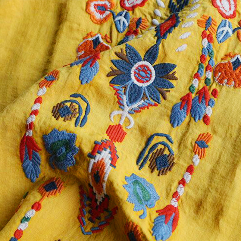 Buddha Stonesレトロ アーティスティック 刺繍 花柄 クルーネック レディース コットン リネン 半袖 Tシャツ - image 17