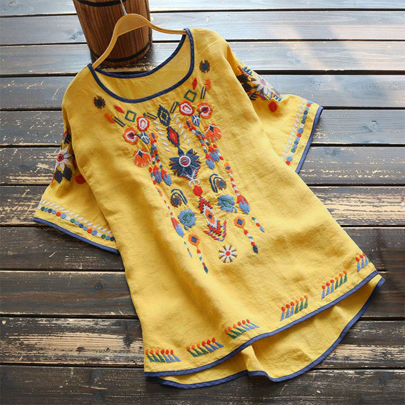 Buddha Stonesレトロ アーティスティック 刺繍 花柄 クルーネック レディース コットン リネン 半袖 Tシャツ - 黄色 - US14、 UK/AU18、 EU46 (4XL) - image 14