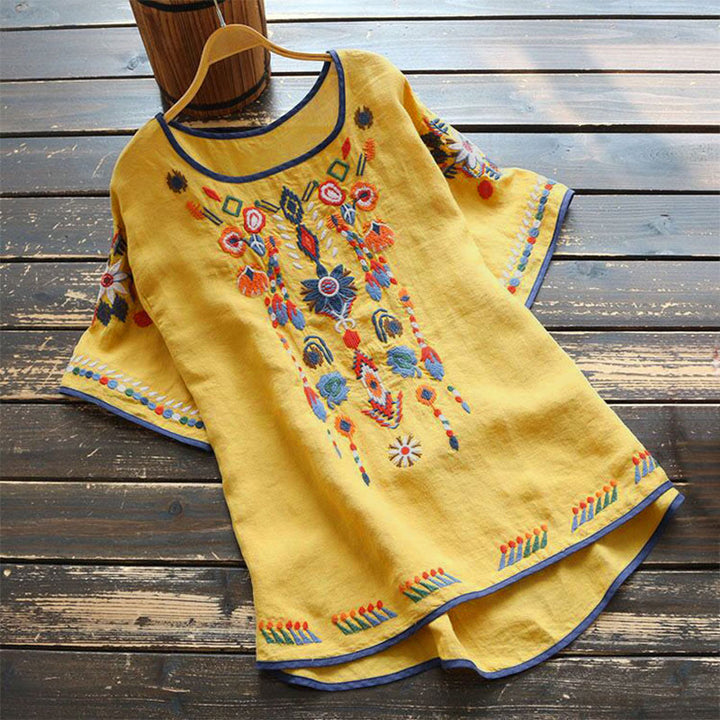 Buddha Stonesレトロ アーティスティック 刺繍 花柄 クルーネック レディース コットン リネン 半袖 Tシャツ - 黄色 - US14、 UK/AU18、 EU46 (4XL) - image 14