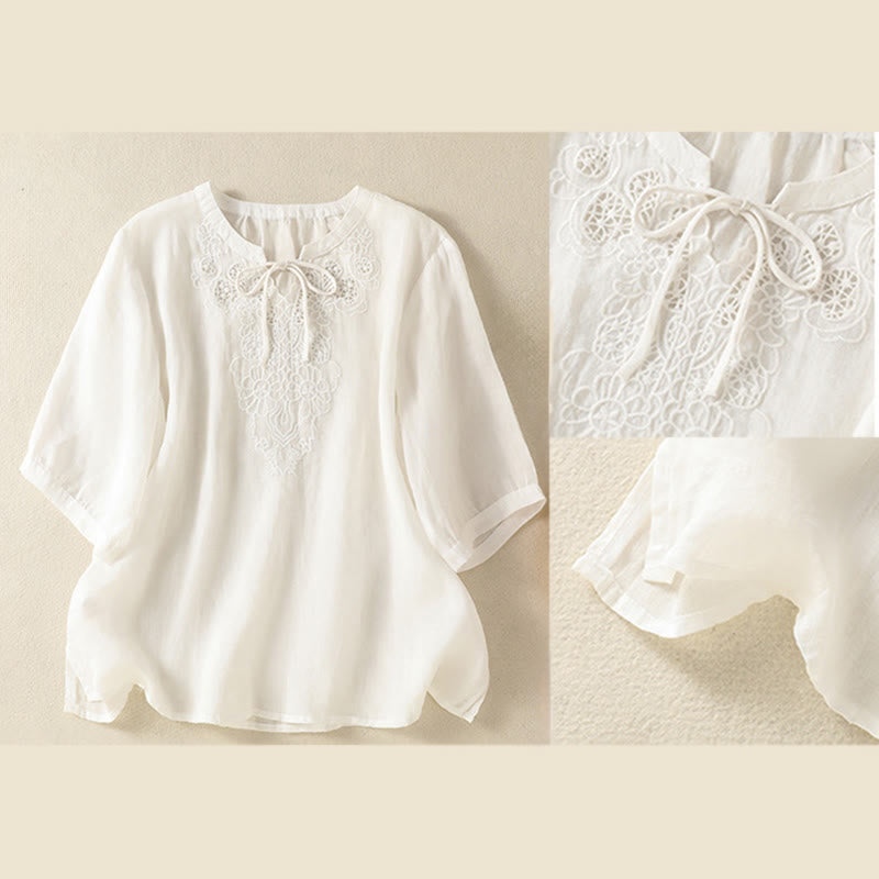 Buddha Stones 夏 刺繍 花柄 レースアップデザイン ノッチカラー レディース 半袖シャツ - image 14