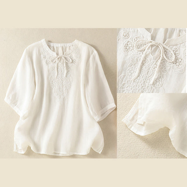 Buddha Stones 夏 刺繍 花柄 レースアップデザイン ノッチカラー レディース 半袖シャツ - image 14