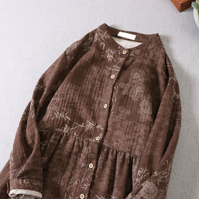 Buddha Stones 通勤用 バンブー花柄 長袖 ボタン付き レディース コットン ミディドレス ポケット付き - image 11