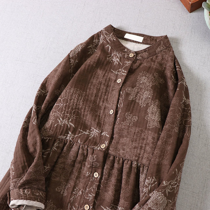 Buddha Stones 通勤用 バンブー花柄 長袖 ボタン付き レディース コットン ミディドレス ポケット付き - image 11