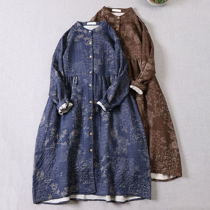 Buddha Stones 通勤用 バンブー花柄 長袖 ボタン付き レディース コットン ミディドレス ポケット付き - image 0