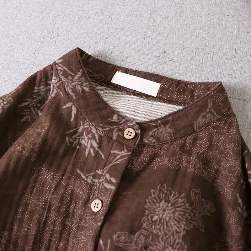 Buddha Stones 通勤用 バンブー花柄 長袖 ボタン付き レディース コットン ミディドレス ポケット付き - image 12