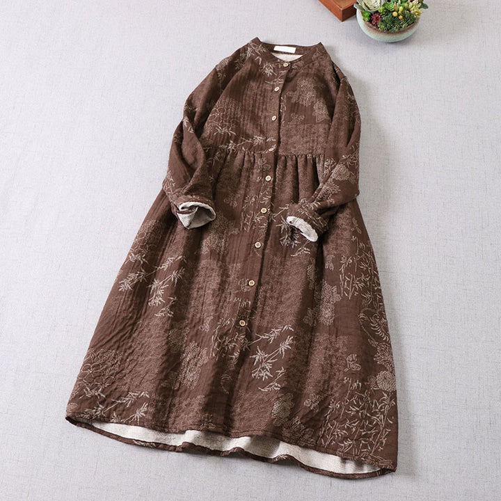 Buddha Stones 通勤用 バンブー花柄 長袖 ボタン付き レディース コットン ミディドレス ポケット付き - image 10